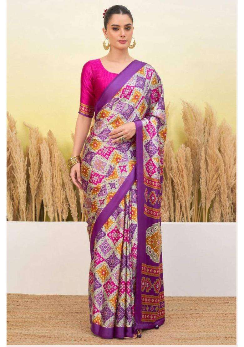Periwinkle Purple Patola Printed Satin Crepe Silk Saree for Women Casual Wear - Indya