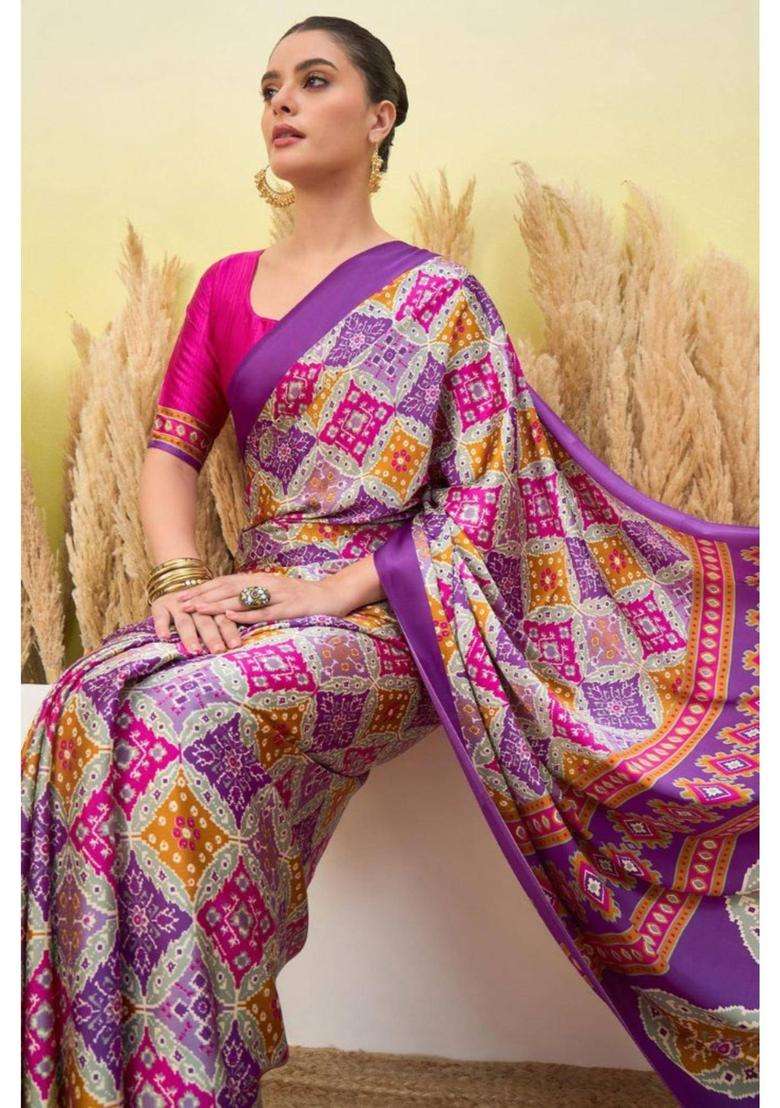 Periwinkle Purple Patola Printed Satin Crepe Silk Saree for Women Casual Wear - Indya