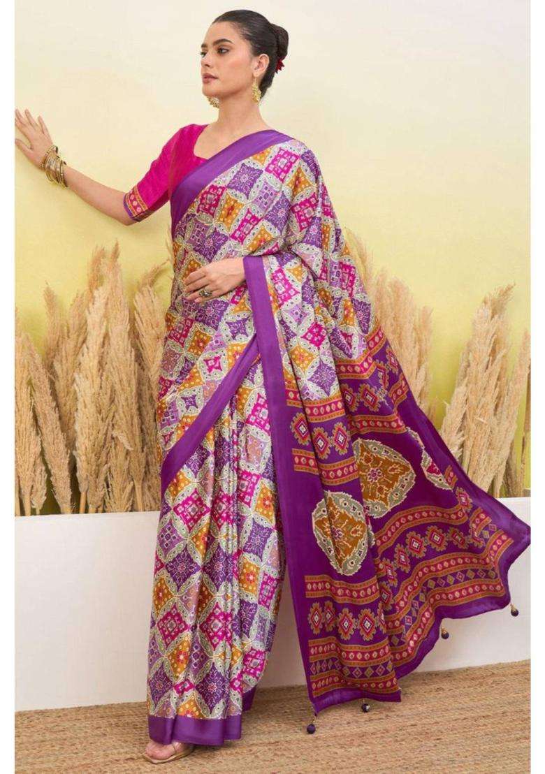 Periwinkle Purple Patola Printed Satin Crepe Silk Saree for Women Casual Wear - Indya