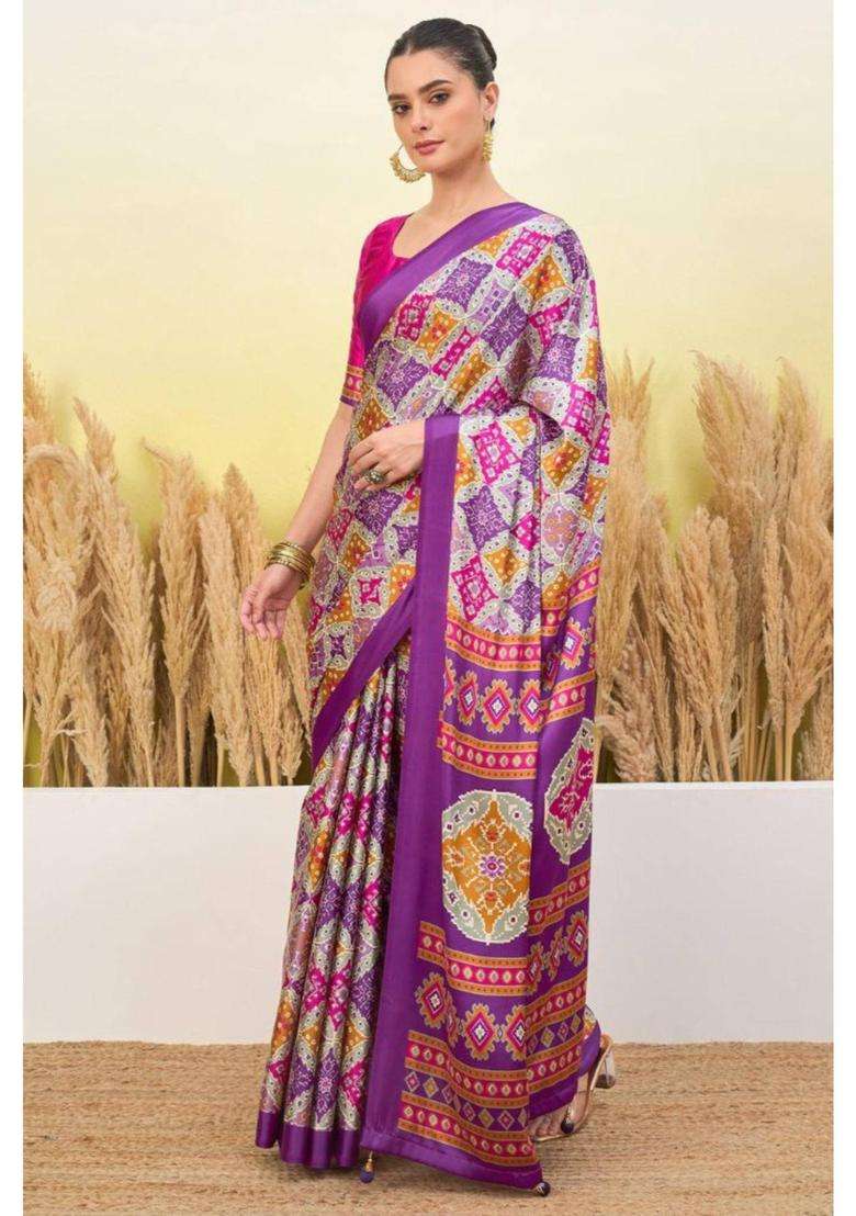 Periwinkle Purple Patola Printed Satin Crepe Silk Saree for Women Casual Wear - Indya