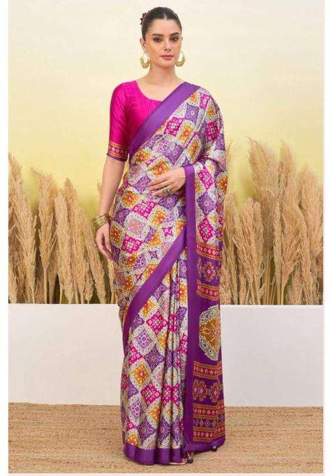 Periwinkle Purple Patola Printed Satin Crepe Silk Saree for Women Casual Wear