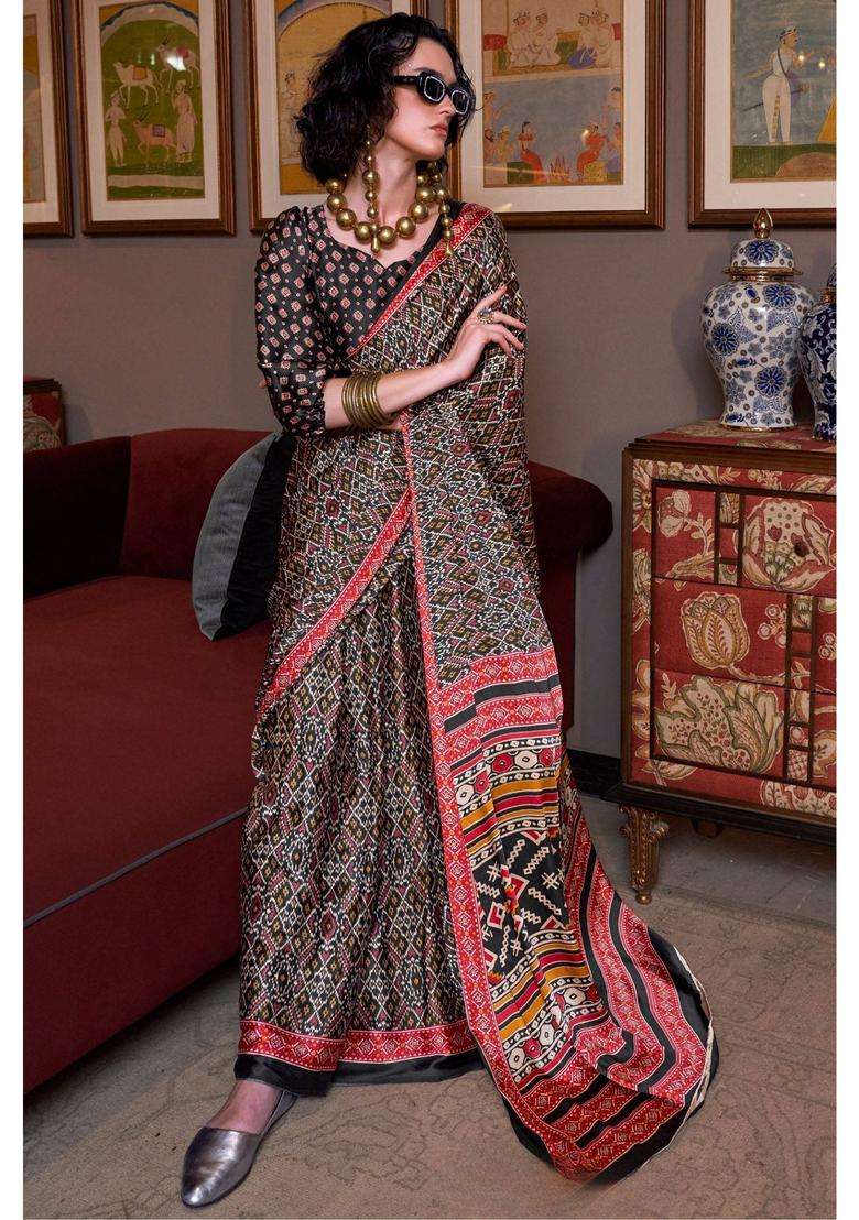 Raven Black Patola Printed Satin Saree with Unstitched Blouse for Women Casual Wear - Indya