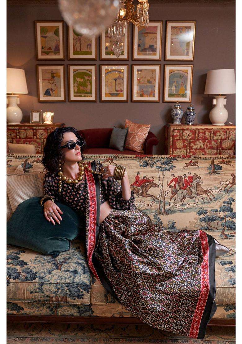 Raven Black Patola Printed Satin Saree with Unstitched Blouse for Women Casual Wear - Indya