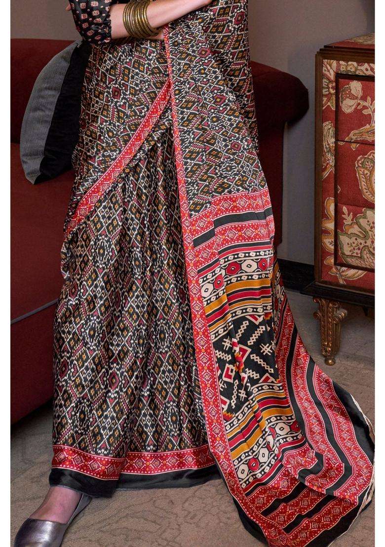 Raven Black Patola Printed Satin Saree with Unstitched Blouse for Women Casual Wear - Indya