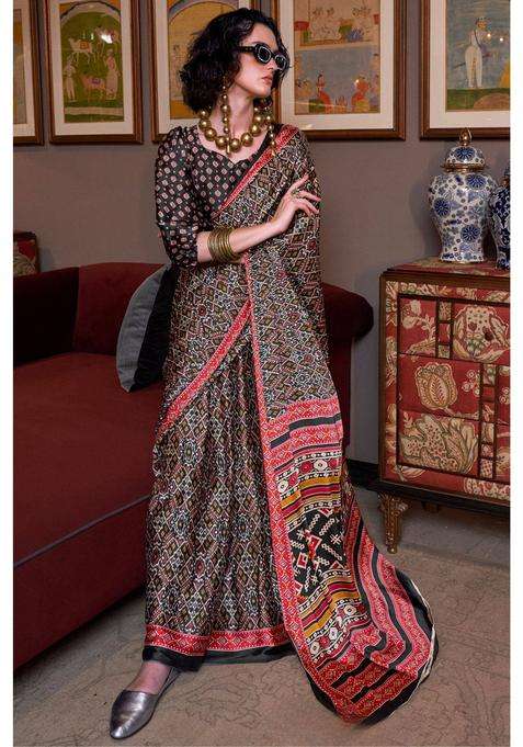 Raven Black Patola Printed Satin Saree with Unstitched Blouse for Women Casual Wear
