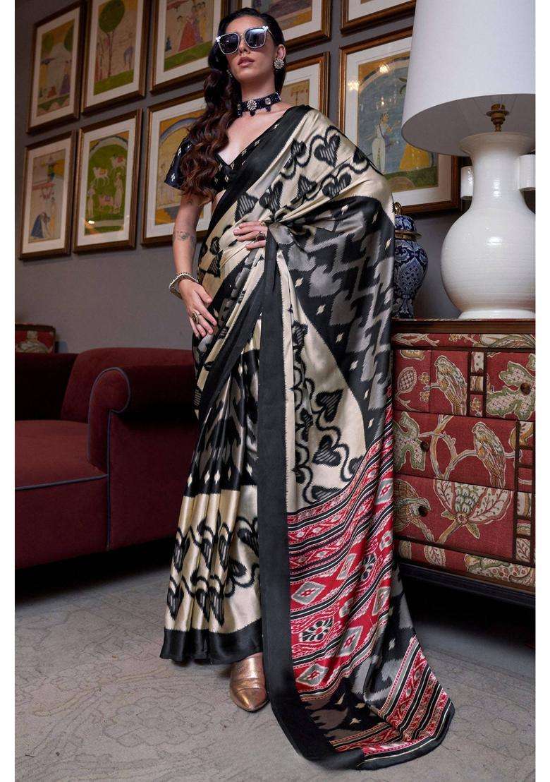 Rich Black Patola Printed Satin Crepe Saree with Unstitched Blouse for Women Casual Wear - Indya