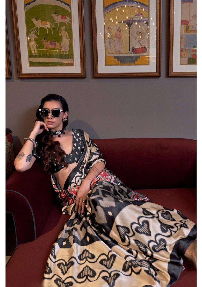 Rich Black Patola Printed Satin Crepe Saree with Unstitched Blouse for Women Casual Wear - Indya