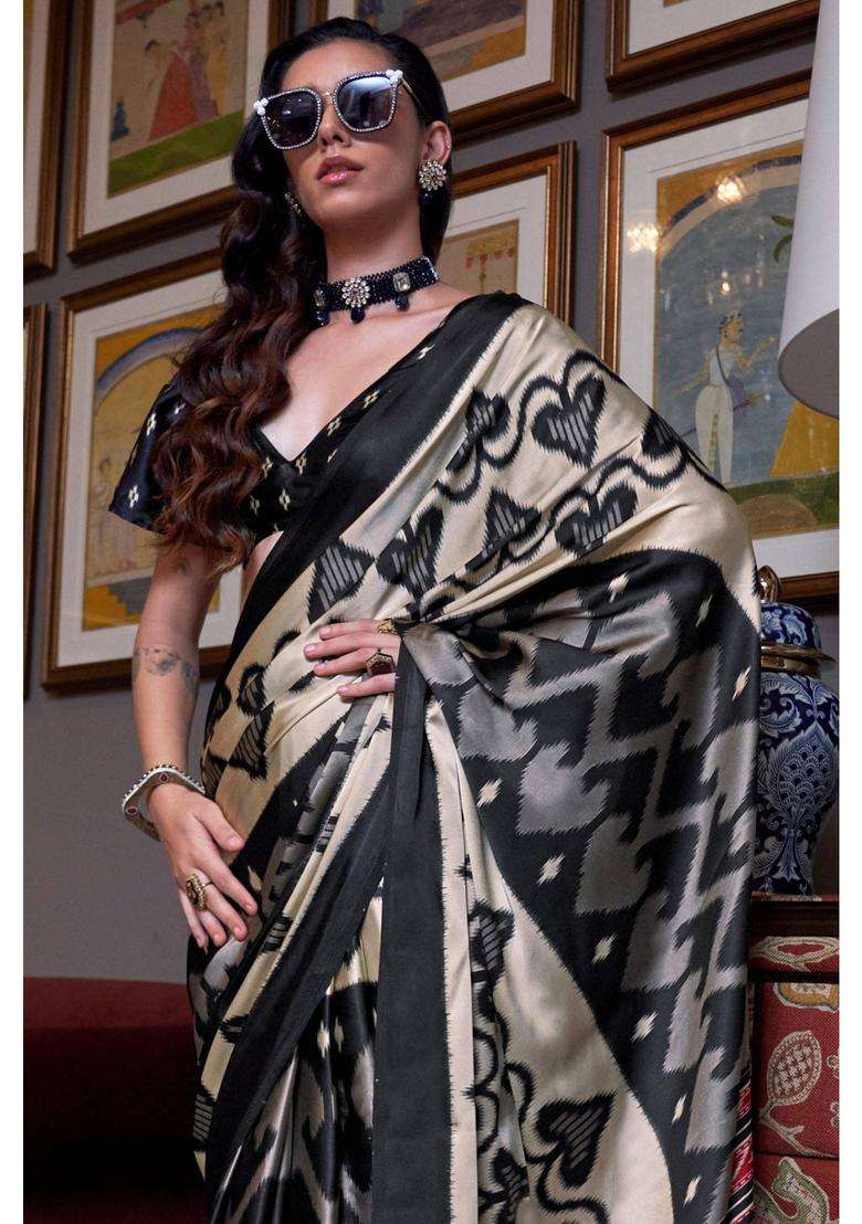 Rich Black Patola Printed Satin Crepe Saree with Unstitched Blouse for Women Casual Wear - Indya