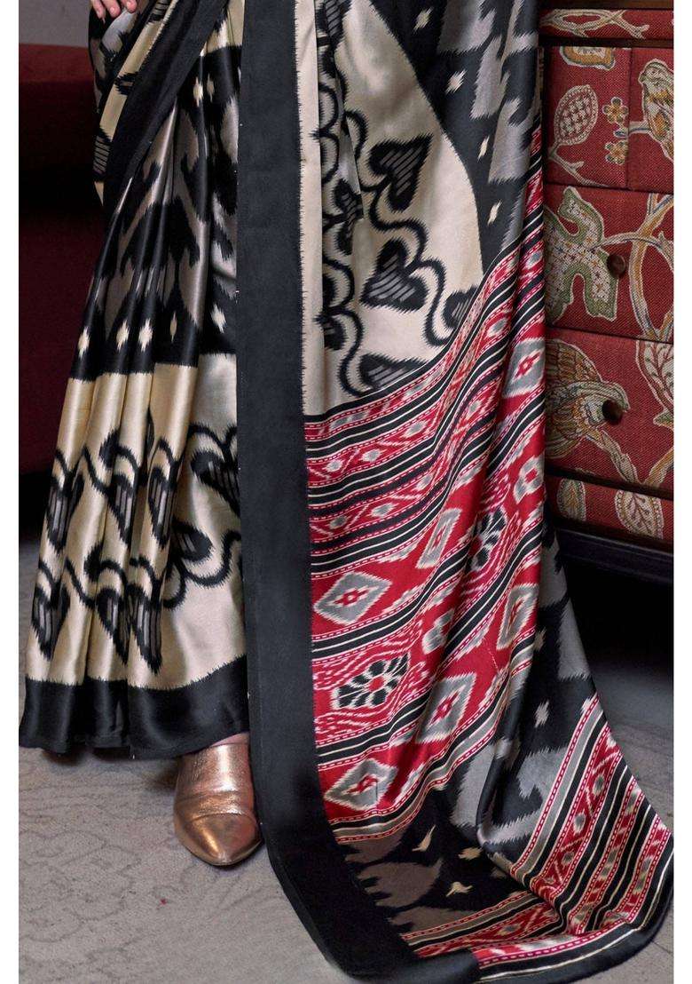Rich Black Patola Printed Satin Crepe Saree with Unstitched Blouse for Women Casual Wear - Indya