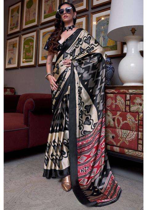 Rich Black Patola Printed Satin Crepe Saree with Unstitched Blouse for Women Casual Wear
