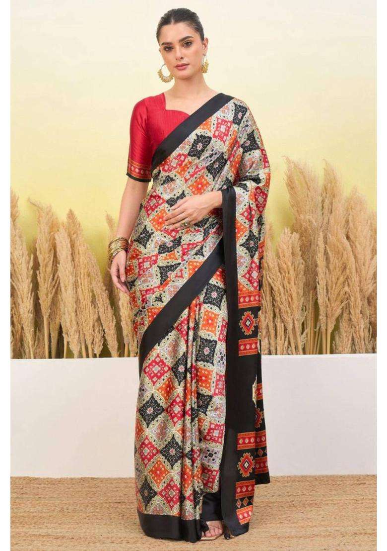 Black Patola Printed Satin Crepe Silk Saree for Women Casual Wear - Indya