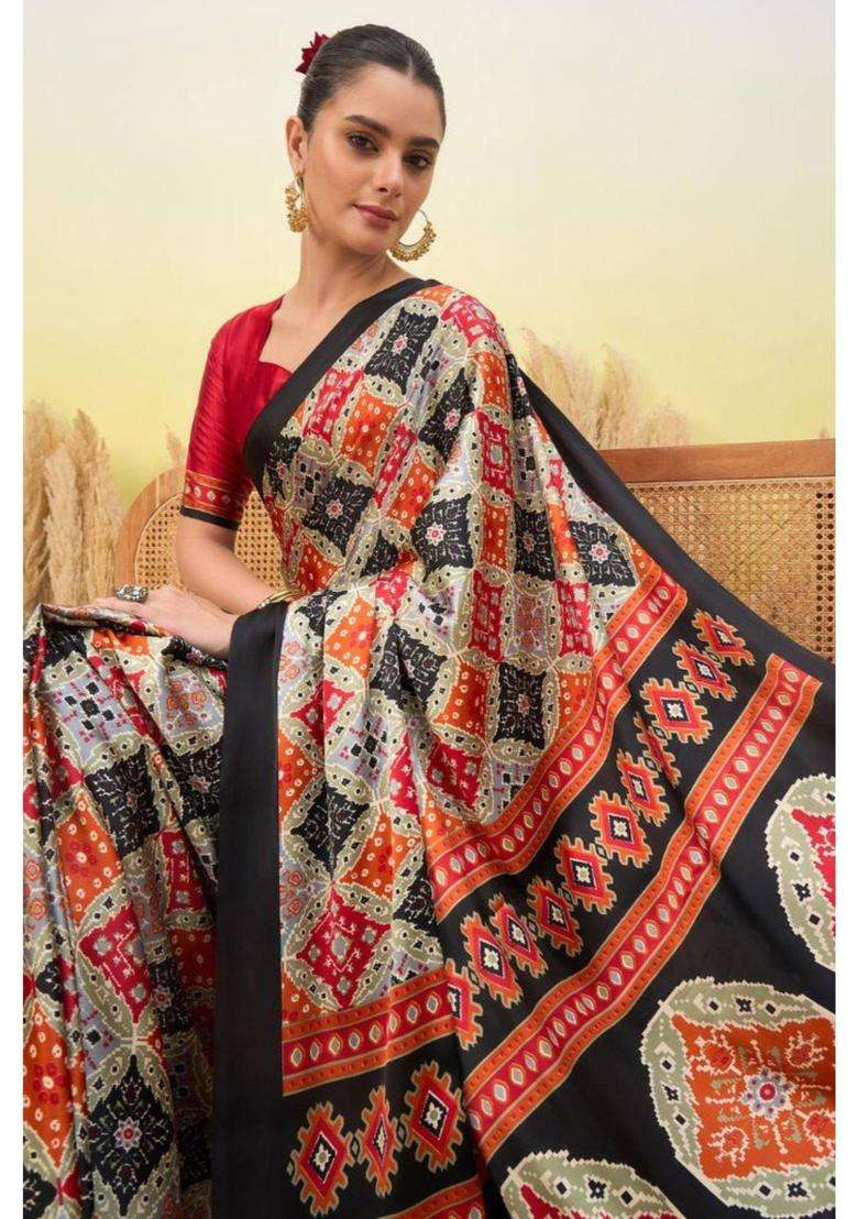 Black Patola Printed Satin Crepe Silk Saree for Women Casual Wear - Indya