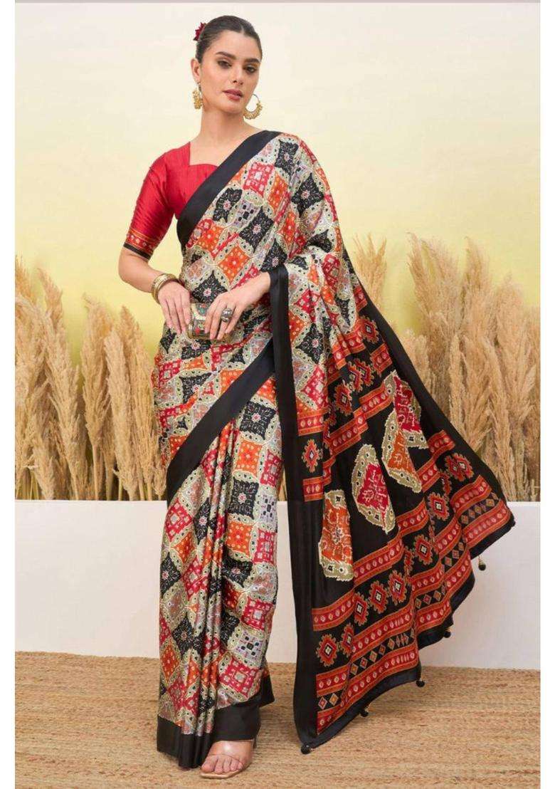 Black Patola Printed Satin Crepe Silk Saree for Women Casual Wear - Indya