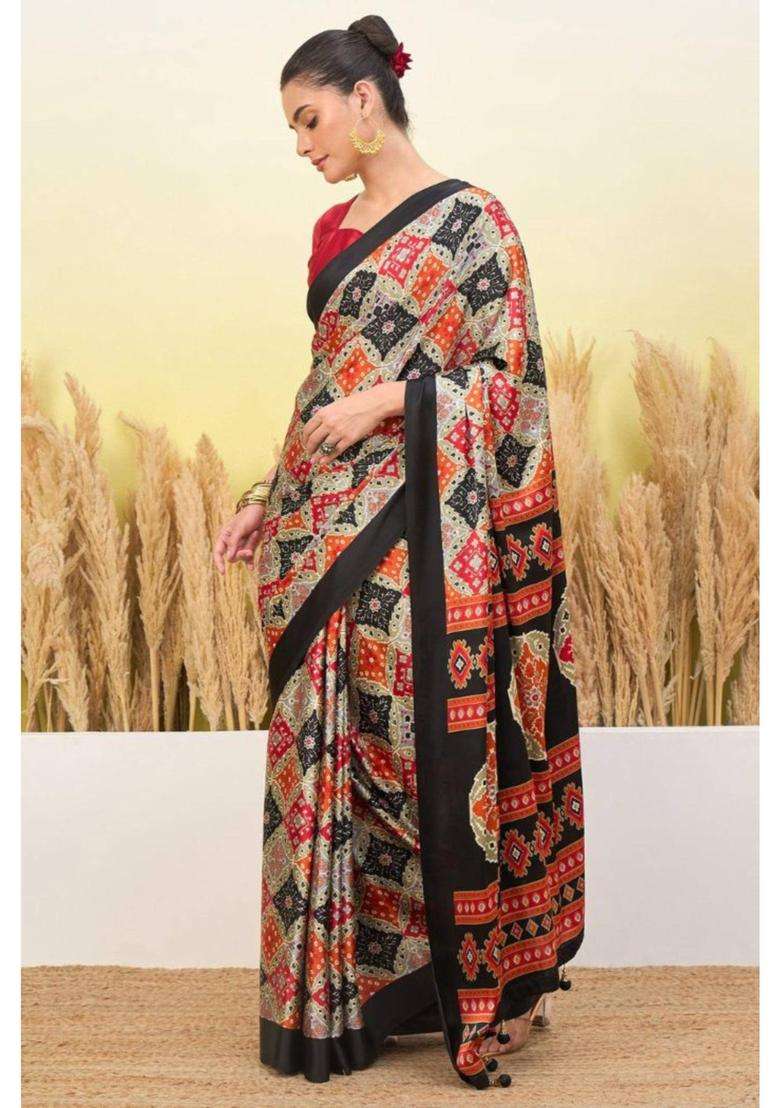 Black Patola Printed Satin Crepe Silk Saree for Women Casual Wear - Indya