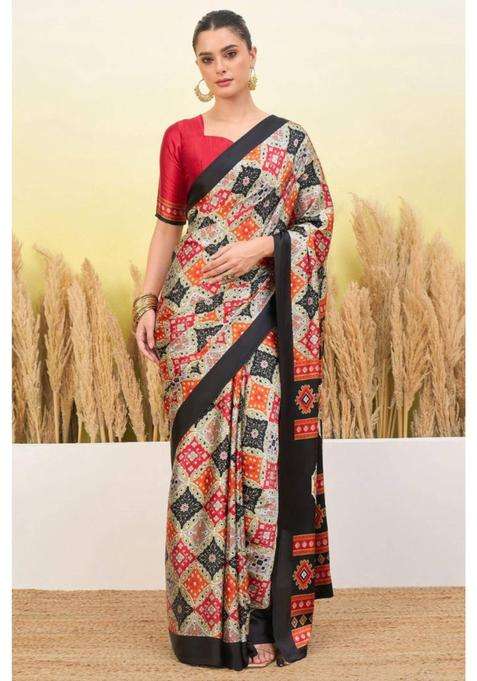 Black Patola Printed Satin Crepe Silk Saree for Women Casual Wear