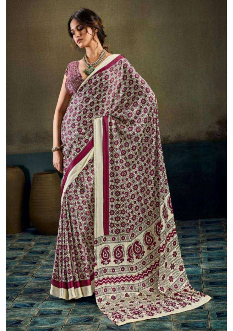 Salt Cream Modal Ajrakh Satin Printed Silk Saree for Women Casual Wear - Indya