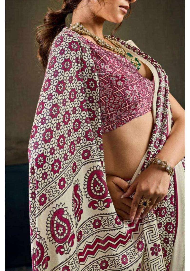 Salt Cream Modal Ajrakh Satin Printed Silk Saree for Women Casual Wear - Indya