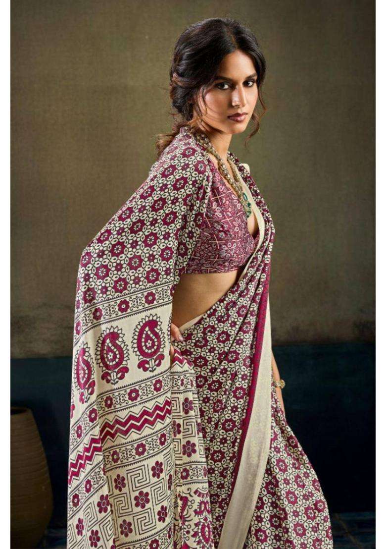 Salt Cream Modal Ajrakh Satin Printed Silk Saree for Women Casual Wear - Indya
