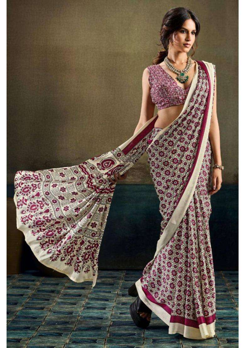 Salt Cream Modal Ajrakh Satin Printed Silk Saree for Women Casual Wear - Indya