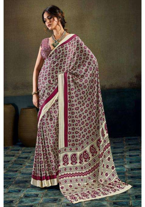 Salt Cream Modal Ajrakh Satin Printed Silk Saree for Women Casual Wear