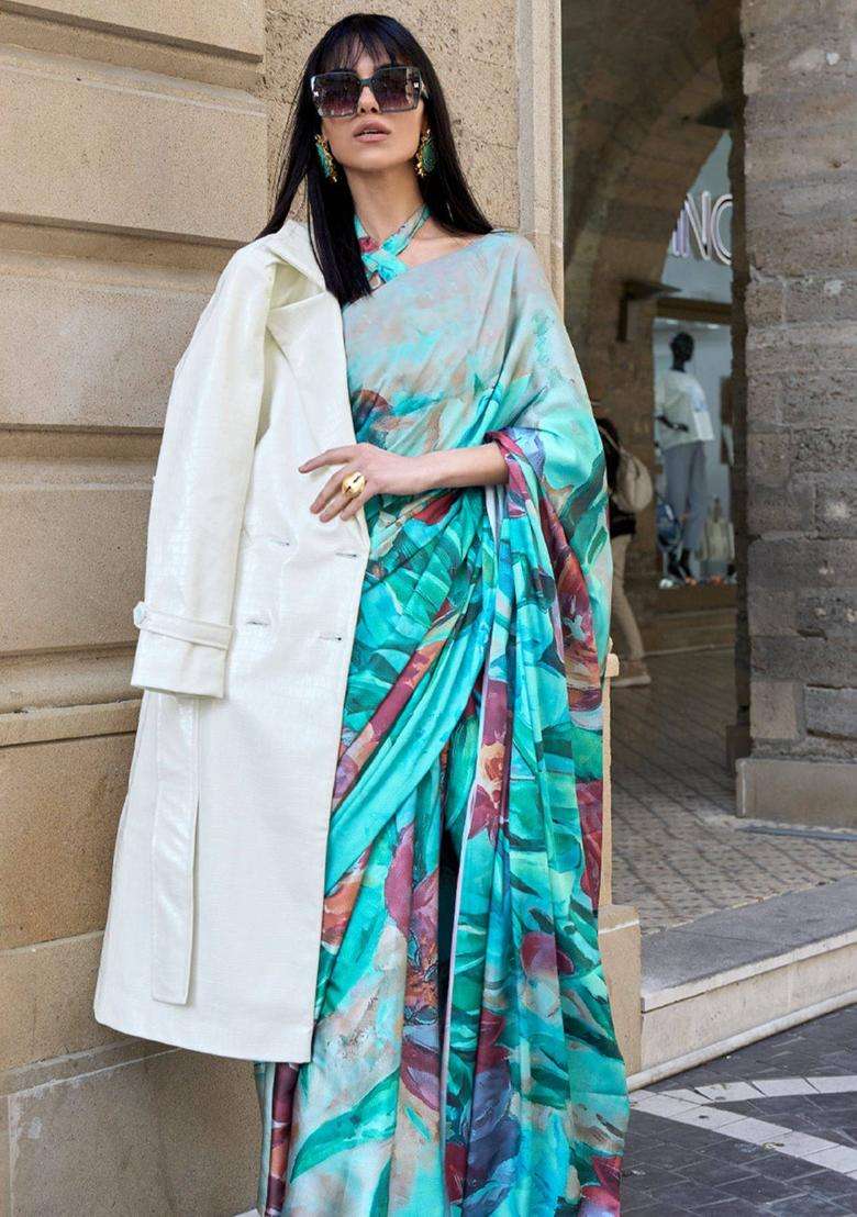 Seafoam Green Digital Printed Satin Silk Saree without Blouse for Women Festive Wear - Indya