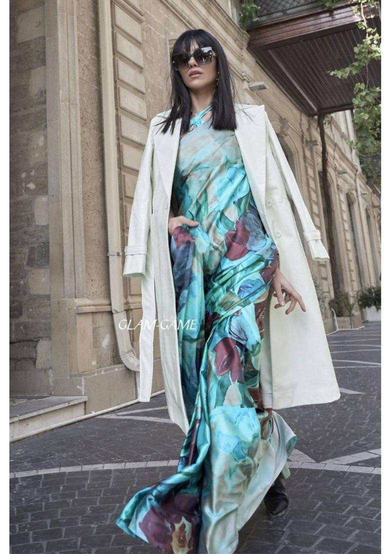 Seafoam Green Digital Printed Satin Silk Saree without Blouse for Women Festive Wear - Indya