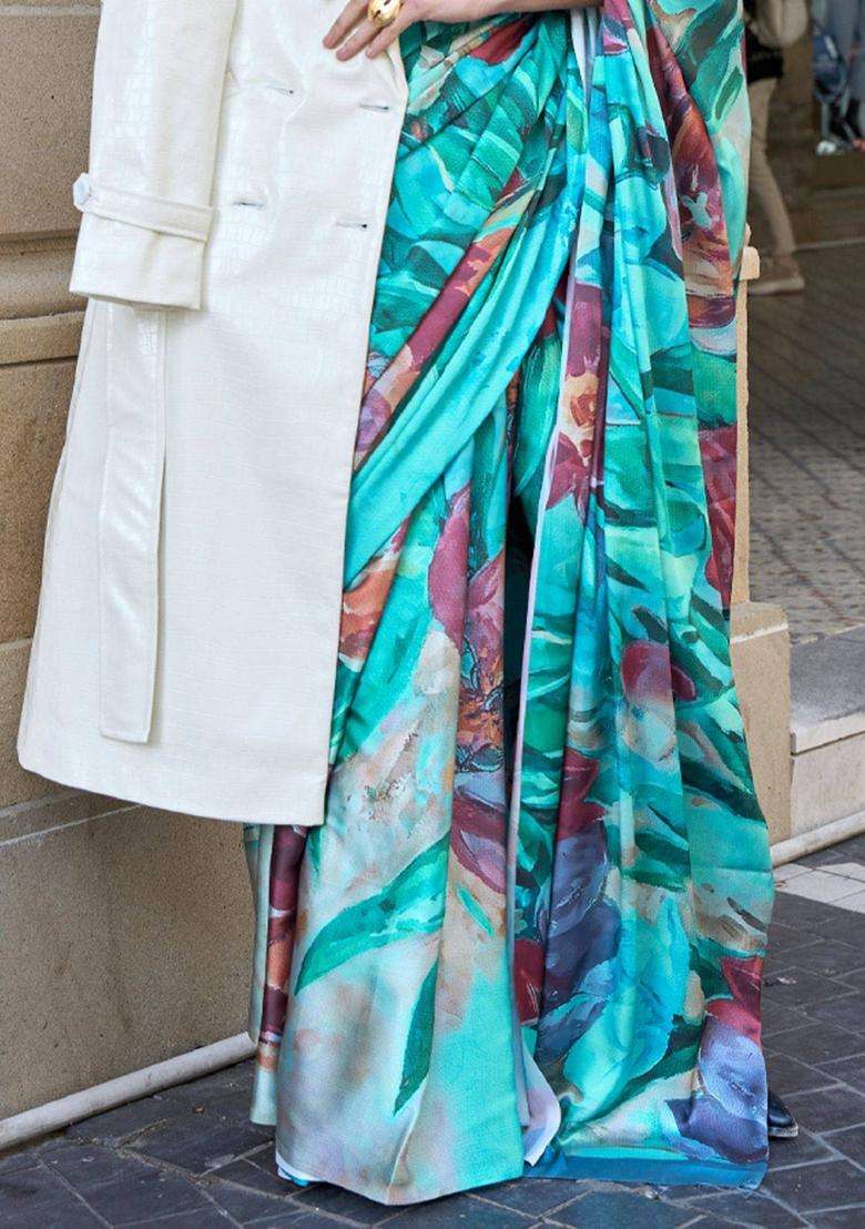 Seafoam Green Digital Printed Satin Silk Saree without Blouse for Women Festive Wear - Indya