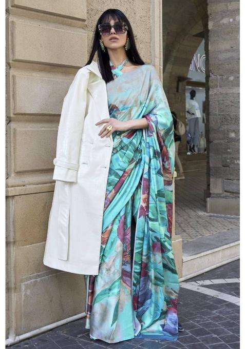 Seafoam Green Digital Printed Satin Silk Saree without Blouse for Women Festive Wear