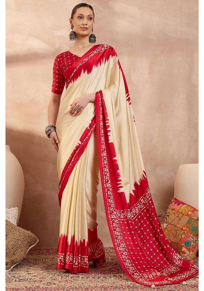 Seashell Cream Printed Satin Crepe Silk Saree with Unstitched Blouse for Women Festive Wear - Indya