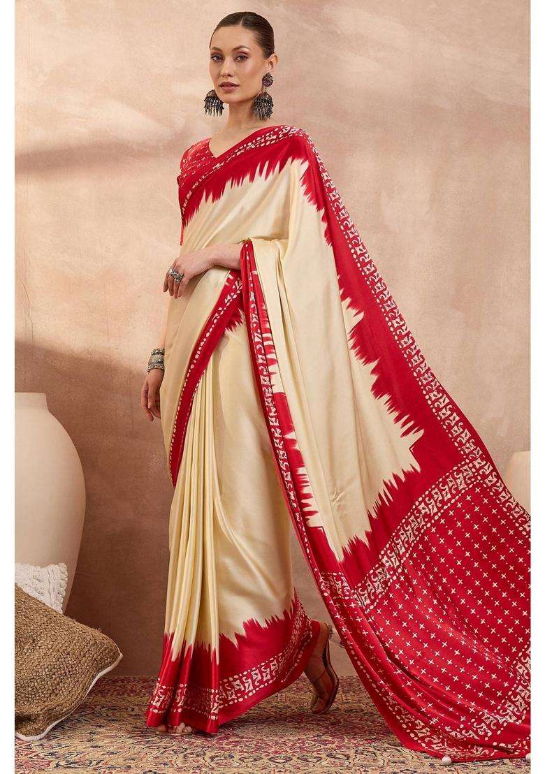 Seashell Cream Printed Satin Crepe Silk Saree with Unstitched Blouse for Women Festive Wear - Indya
