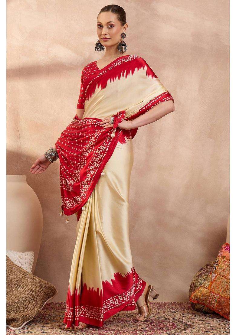 Seashell Cream Printed Satin Crepe Silk Saree with Unstitched Blouse for Women Festive Wear - Indya