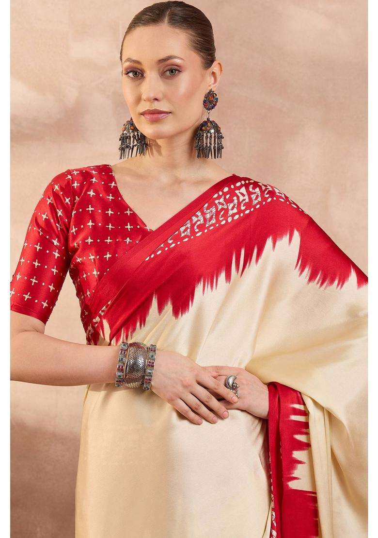 Seashell Cream Printed Satin Crepe Silk Saree with Unstitched Blouse for Women Festive Wear - Indya