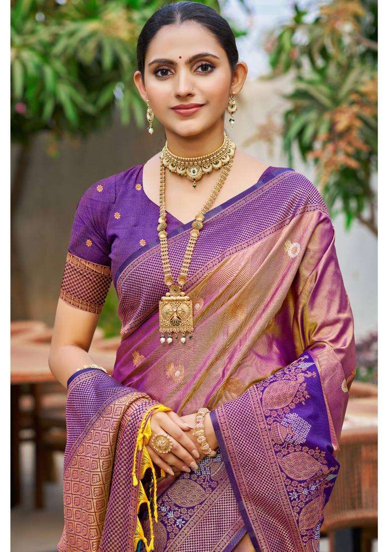 Shine Purple Woven Zari Saree with Unstitched Blouse for Women Festive Wear - Indya