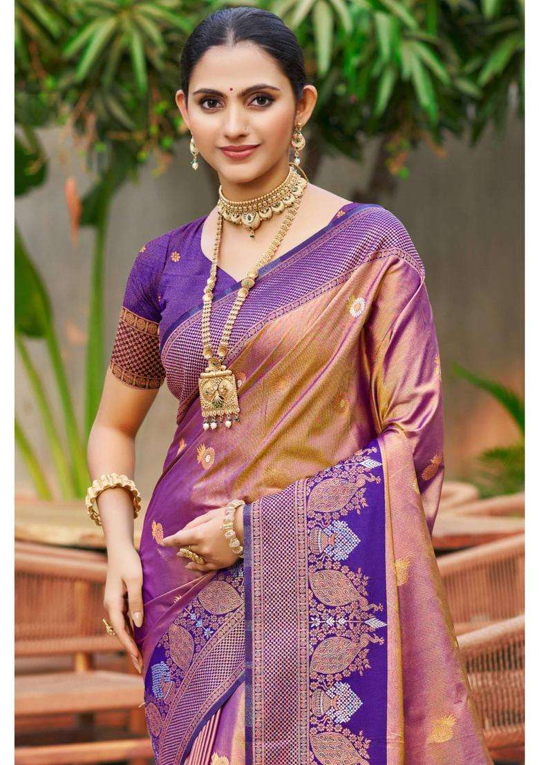 Shine Purple Woven Zari Saree with Unstitched Blouse for Women Festive Wear - Indya
