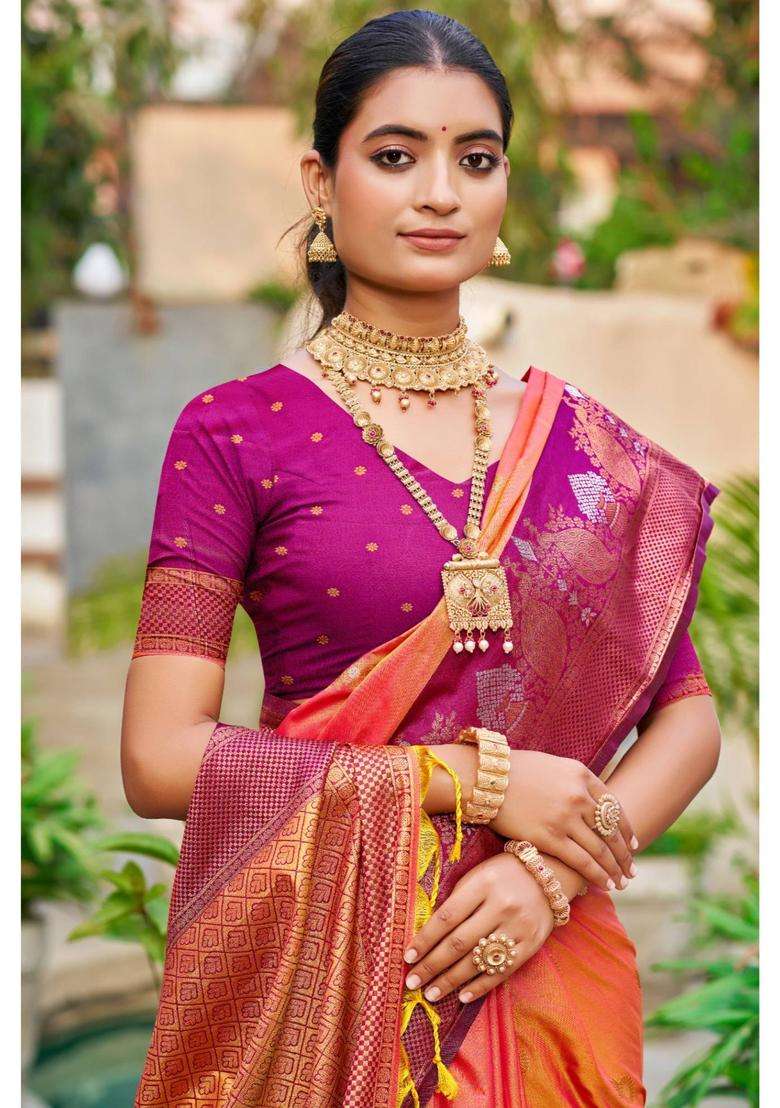 Smashed Orange Woven Zari Saree with Unstitched Blouse for Women Festive Wear - Indya