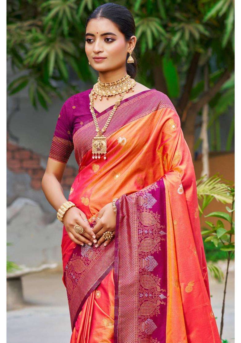 Smashed Orange Woven Zari Saree with Unstitched Blouse for Women Festive Wear - Indya