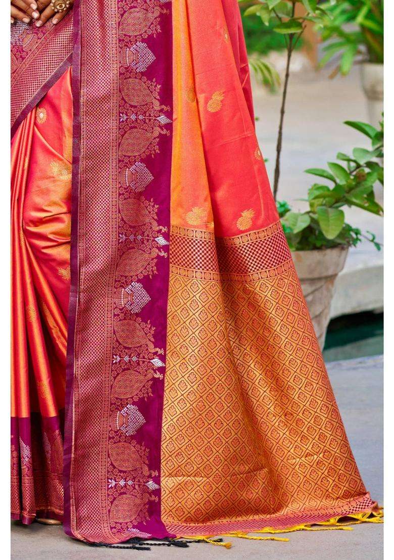 Smashed Orange Woven Zari Saree with Unstitched Blouse for Women Festive Wear - Indya