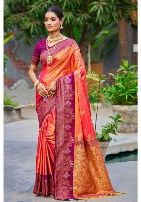 Smashed Orange Woven Zari Saree with Unstitched Blouse for Women Festive Wear