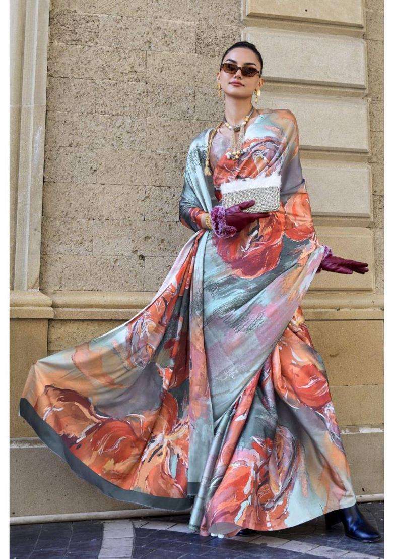 Smokey Grey and Orange Digital Printed Satin Silk Saree without Blouse for Women Festive Wear - Indya