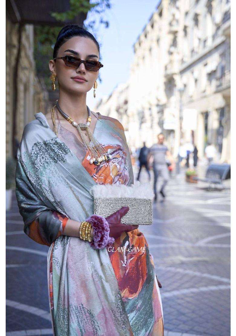 Smokey Grey and Orange Digital Printed Satin Silk Saree without Blouse for Women Festive Wear - Indya