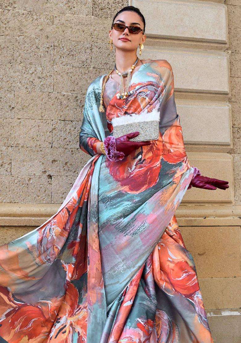 Smokey Grey and Orange Digital Printed Satin Silk Saree without Blouse for Women Festive Wear - Indya