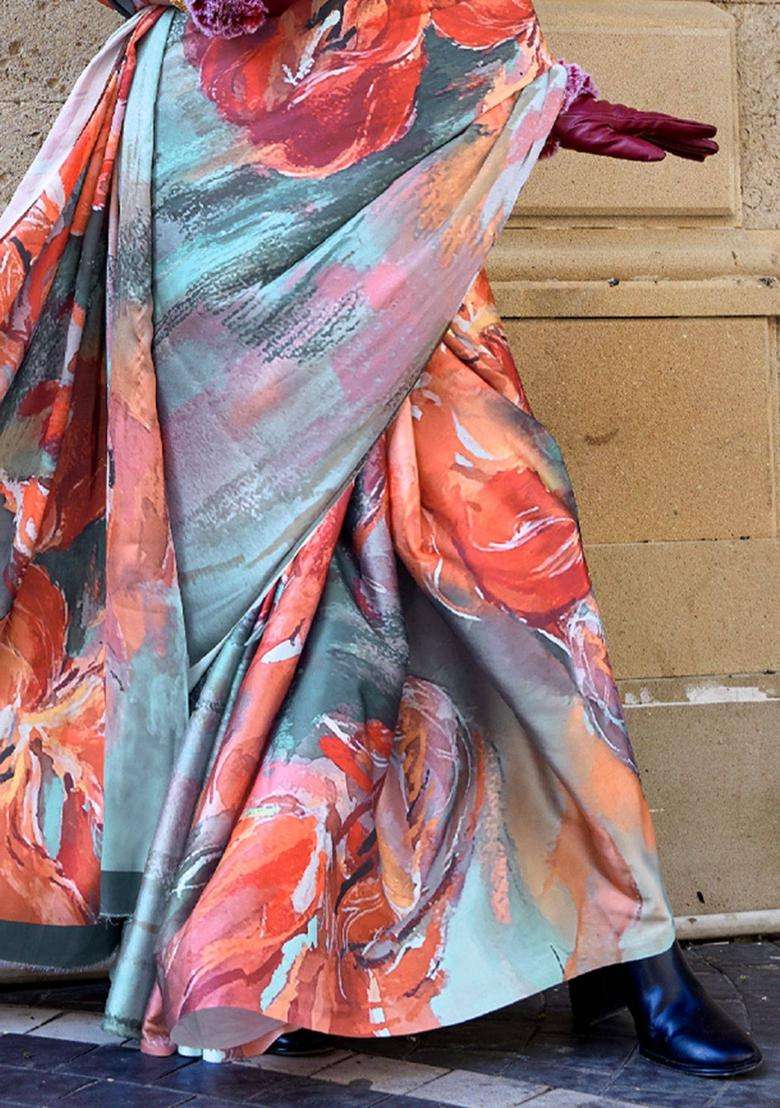 Smokey Grey and Orange Digital Printed Satin Silk Saree without Blouse for Women Festive Wear - Indya