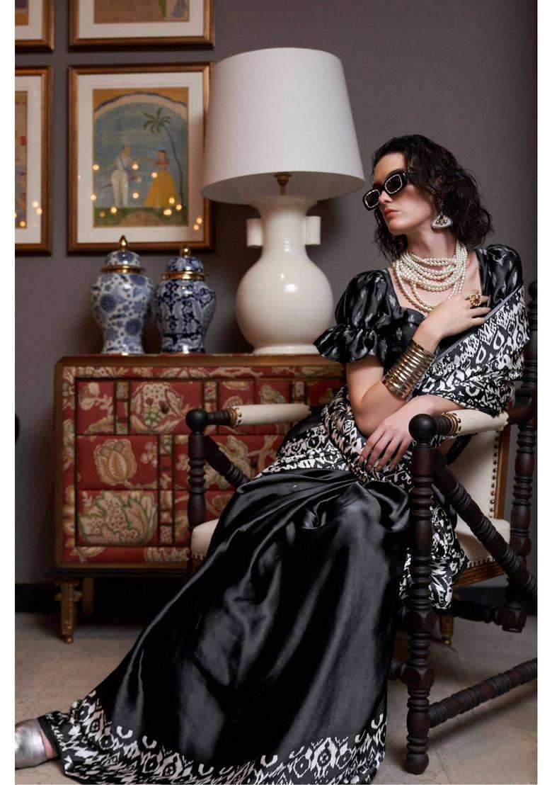 Space Black Patola Printed Satin Saree with Unstitched Blouse for Women Casual Wear - Indya