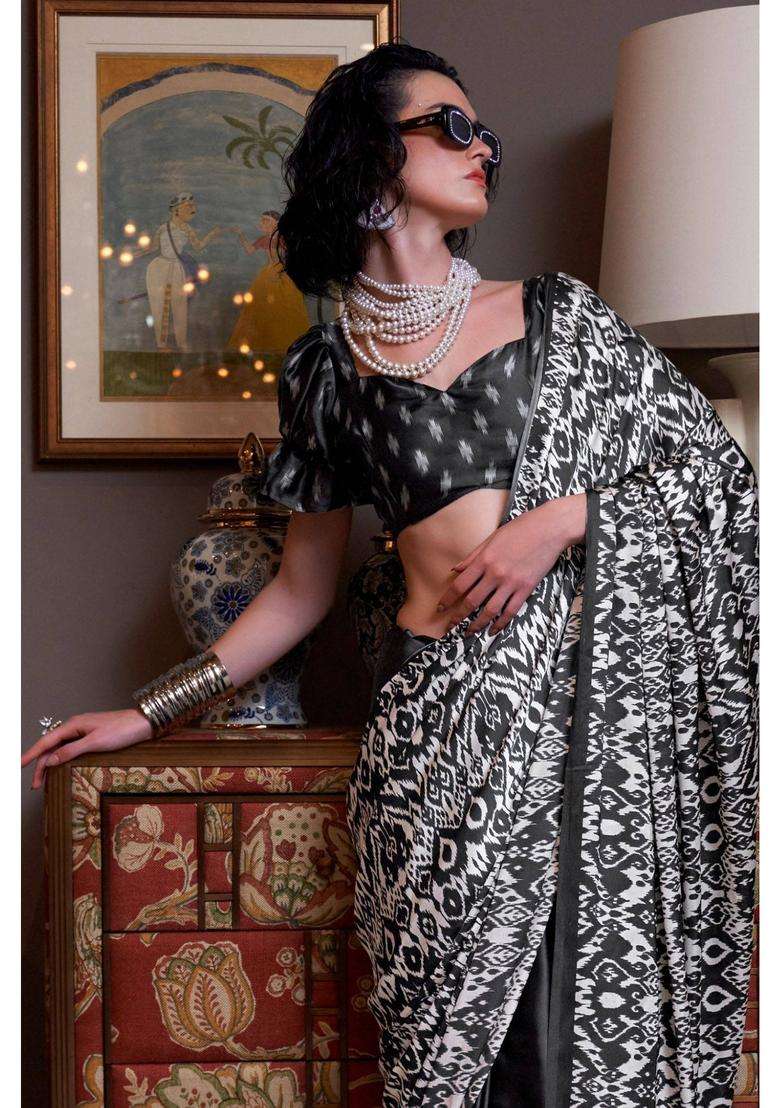 Space Black Patola Printed Satin Saree with Unstitched Blouse for Women Casual Wear - Indya