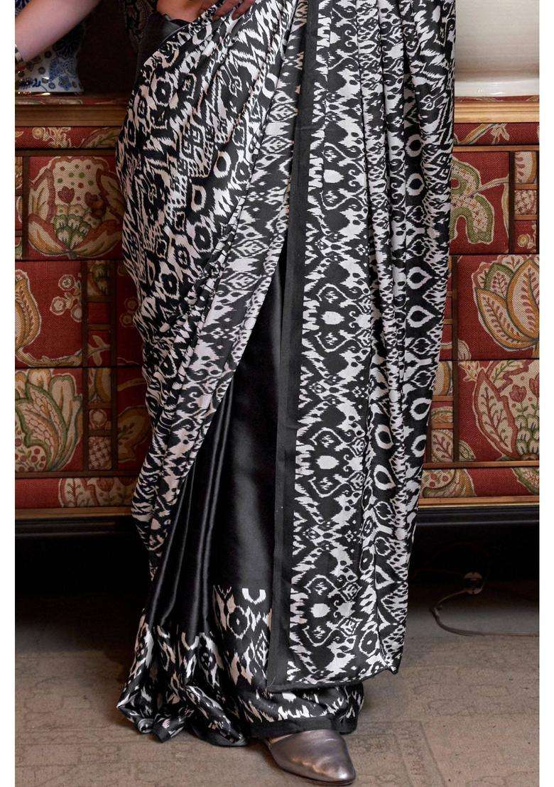 Space Black Patola Printed Satin Saree with Unstitched Blouse for Women Casual Wear - Indya