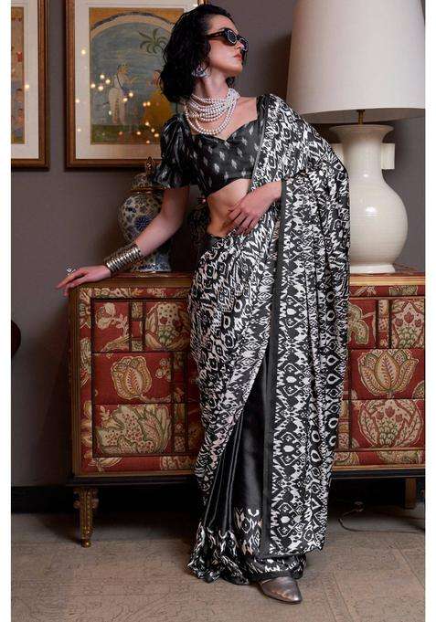 Space Black Patola Printed Satin Saree with Unstitched Blouse for Women Casual Wear