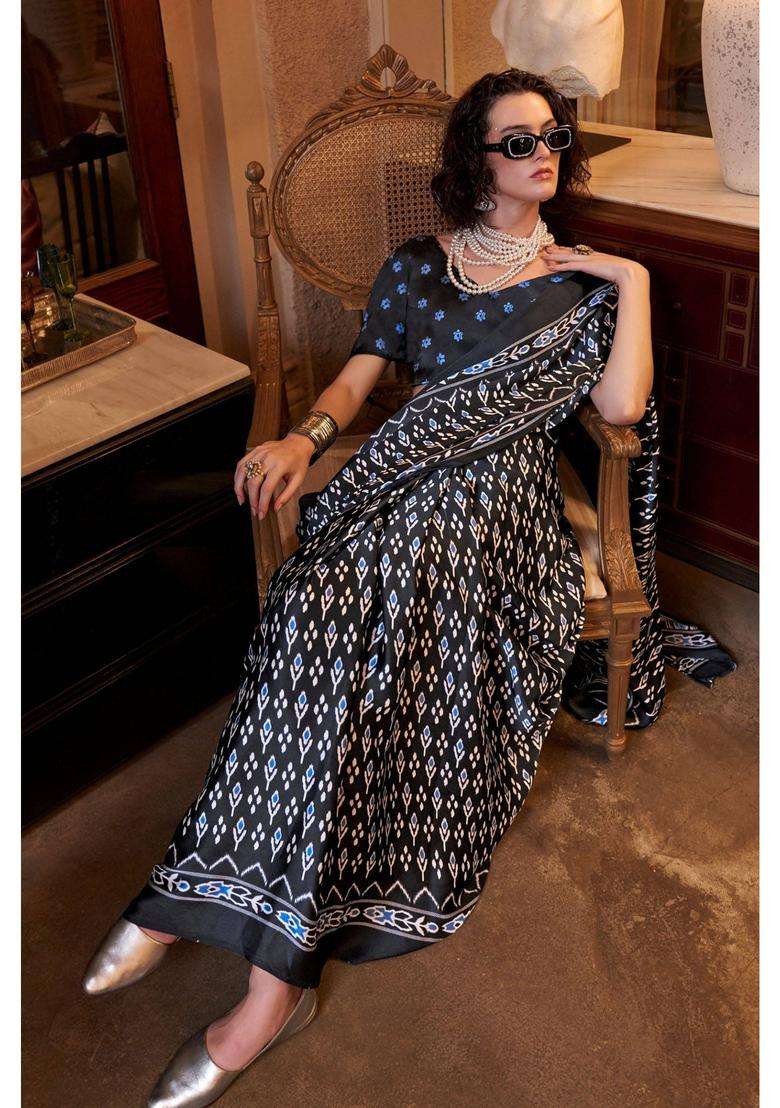 Spider Black Patola Printed Satin Saree with Unstitched Blouse for Women Casual Wear - Indya