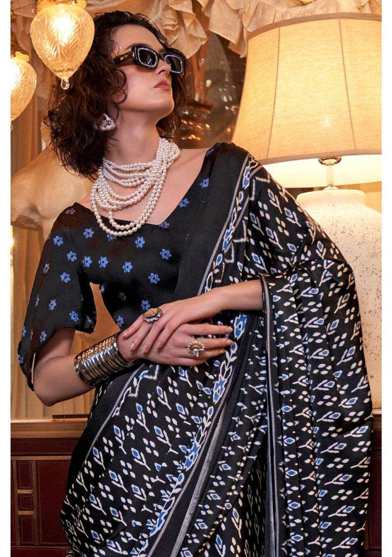 Spider Black Patola Printed Satin Saree with Unstitched Blouse for Women Casual Wear - Indya