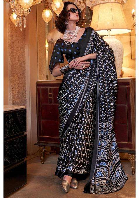 Spider Black Patola Printed Satin Saree with Unstitched Blouse for Women Casual Wear