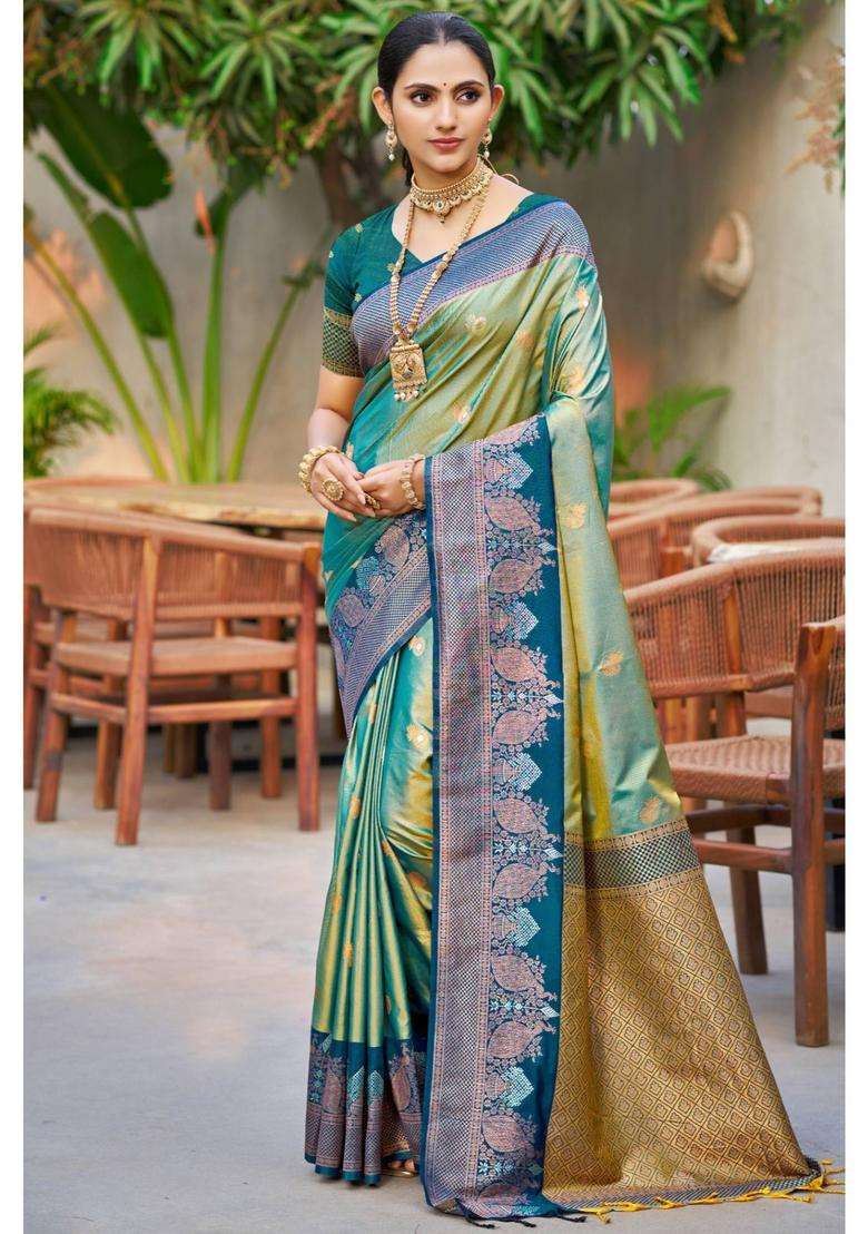 Spring Green Woven Zari Saree with Unstitched Blouse for Women Festive Wear - Indya